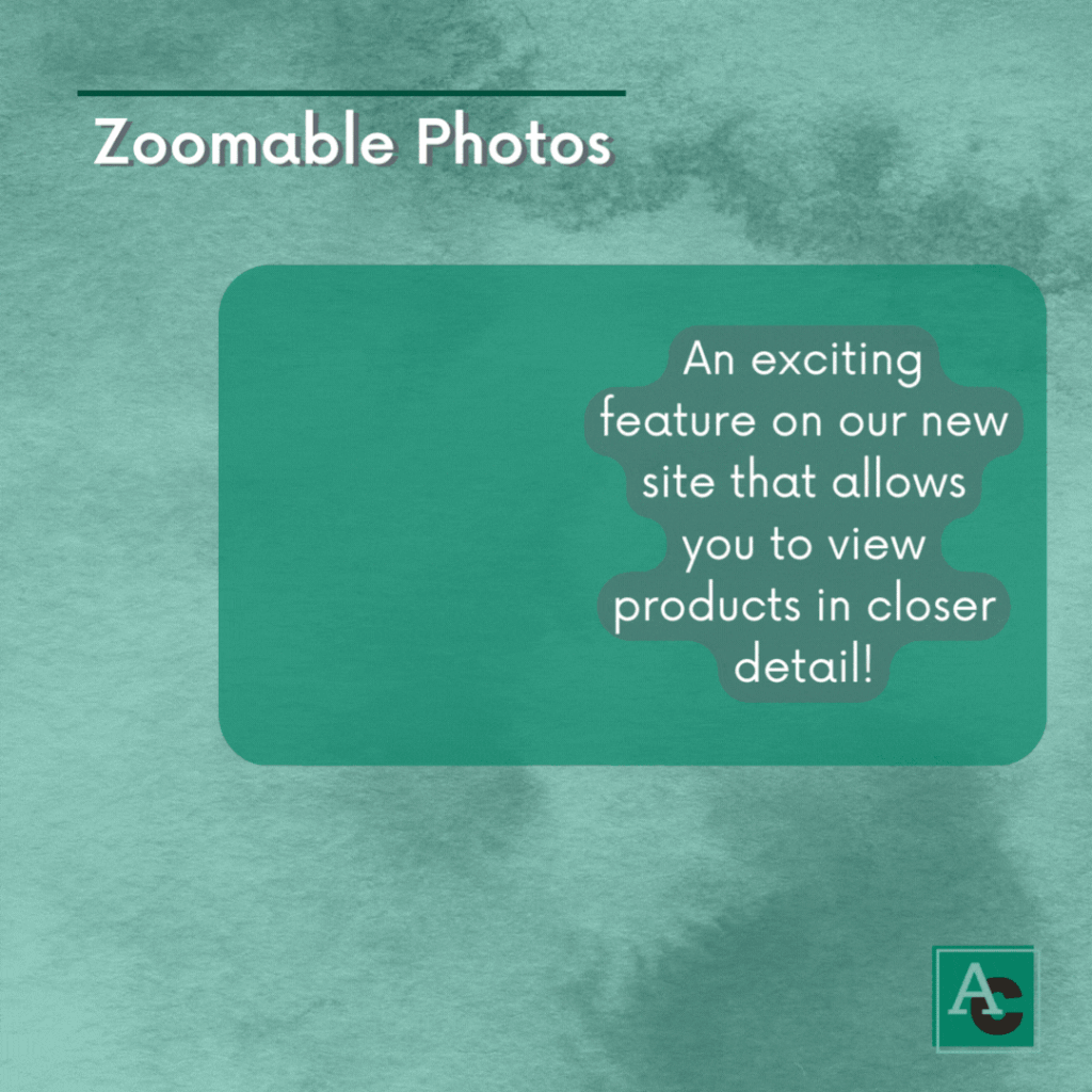 This image features a photo of "Self Portraits With a Straw Hat" by Vincent Van Gogh. The image is slowly zooming in and out to showcase our new zoomable photo feature. The text in the image is displayed over a dark teal box that is positioned over a teal watercolor background. The text describes the zoomable photos and how that is a fun, new feature. 